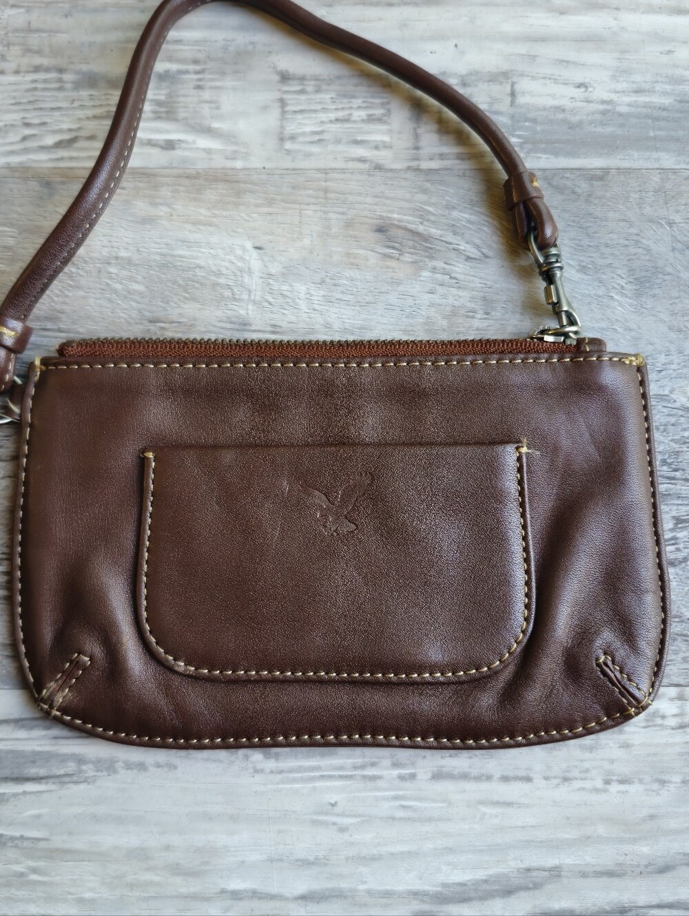 American Eagle Genuine Leather Brown Wristlet Clutch Floral Lined Zip Pouch